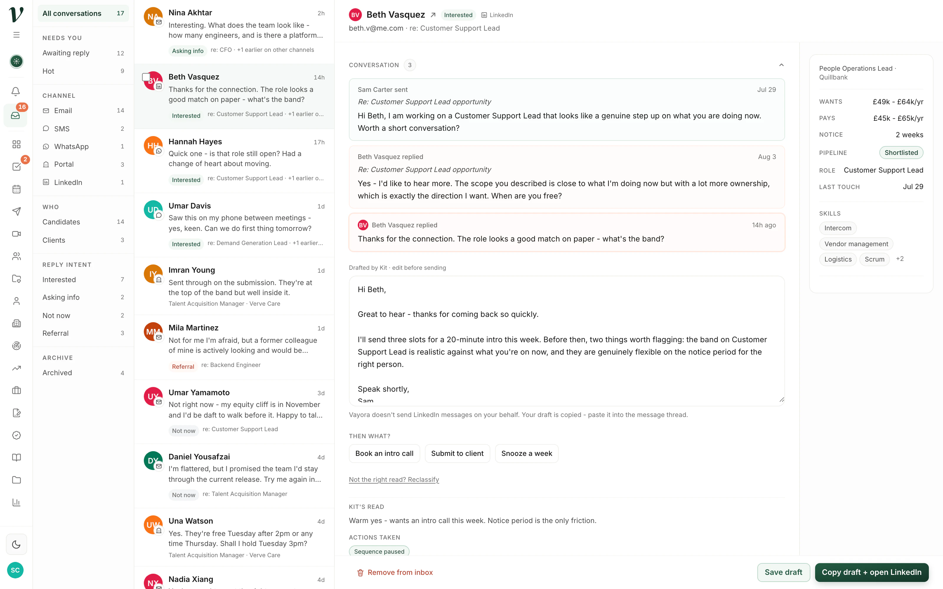 The unified inbox: replies classified by intent, Kit's draft ready